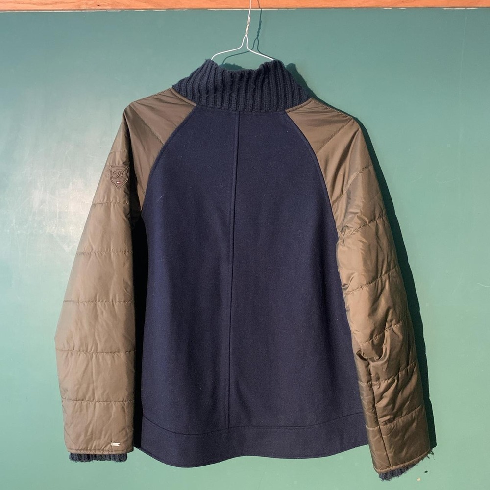 Tommy Hilfiger Mens Large Wool Puffer Sleeve Fall Jacket Navy Blue Bomber - Picture 2 of 5